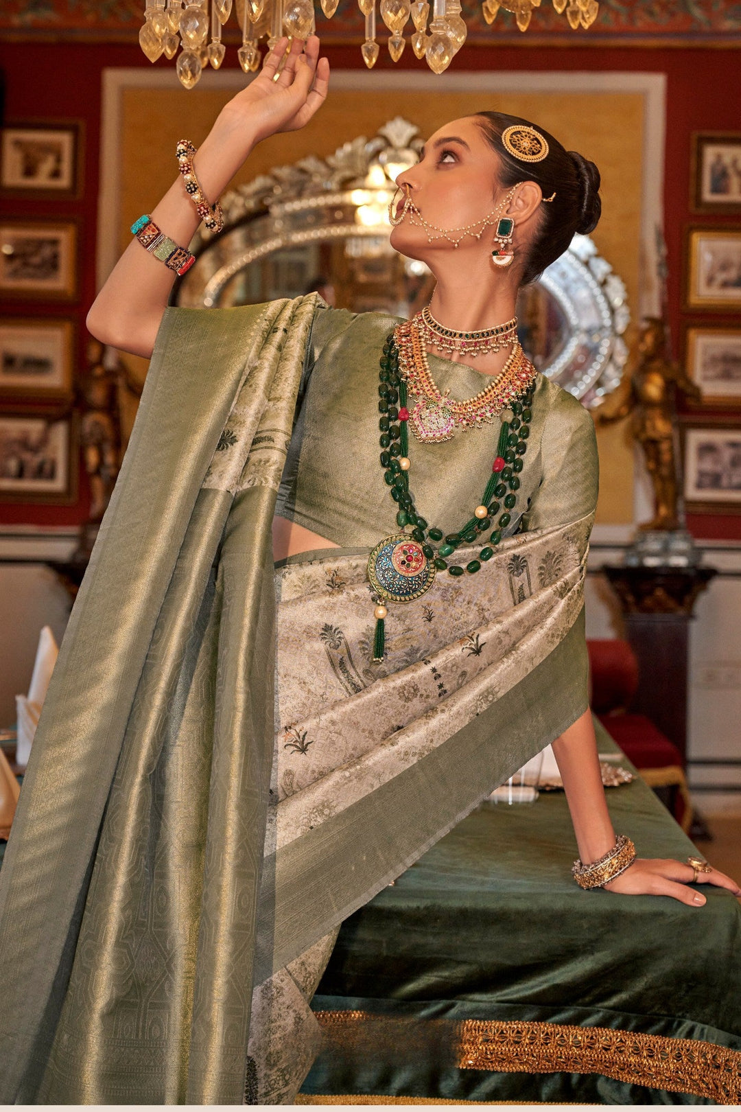 Olive Green And Cream Digital Printed Silk Saree