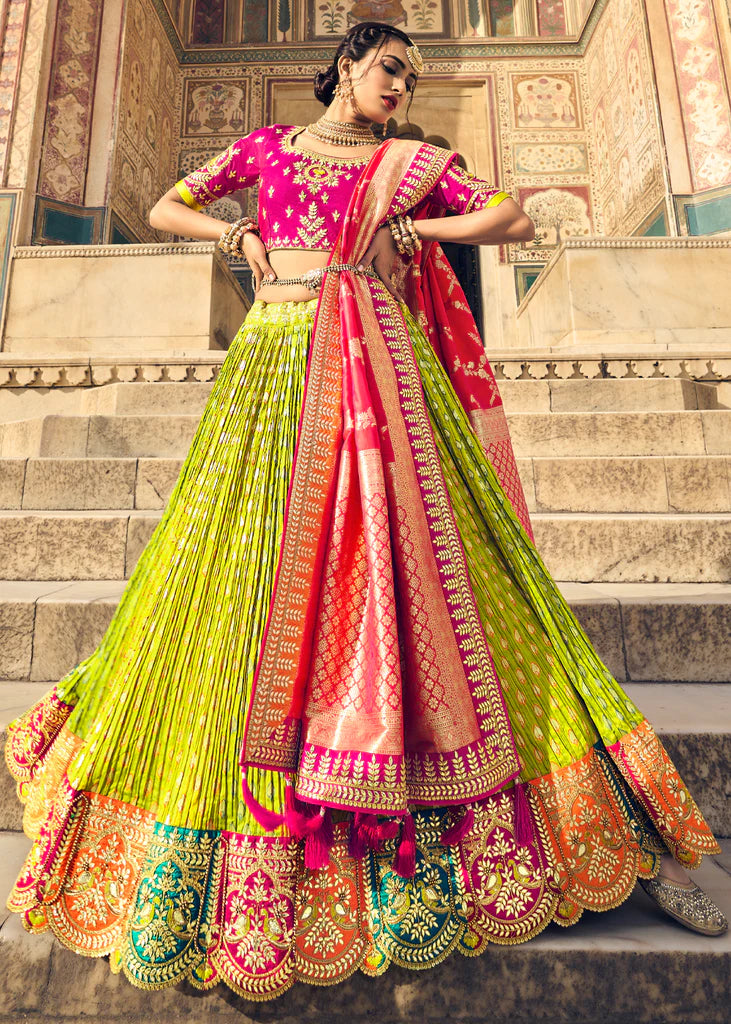 parrot green and pink combination dresses Pink & Parrot Green Frock babypattustudio