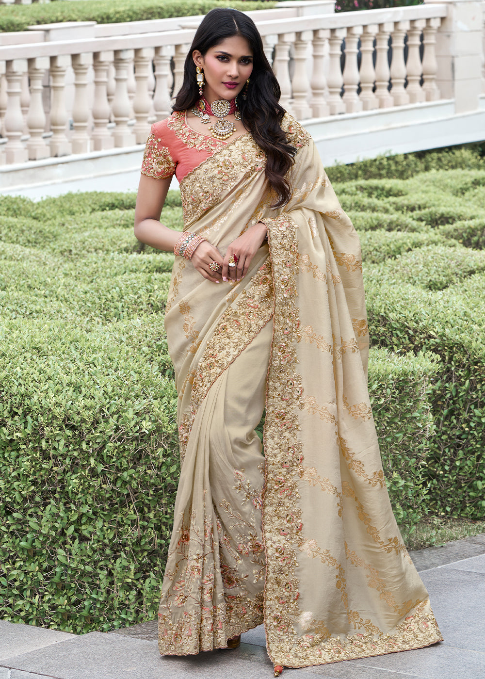 Cream Heavy Embroidery Tissue Saree with Designer Blouse