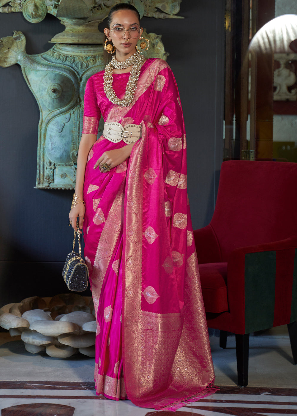Pink Satin Handloom Weaving Silk Saree