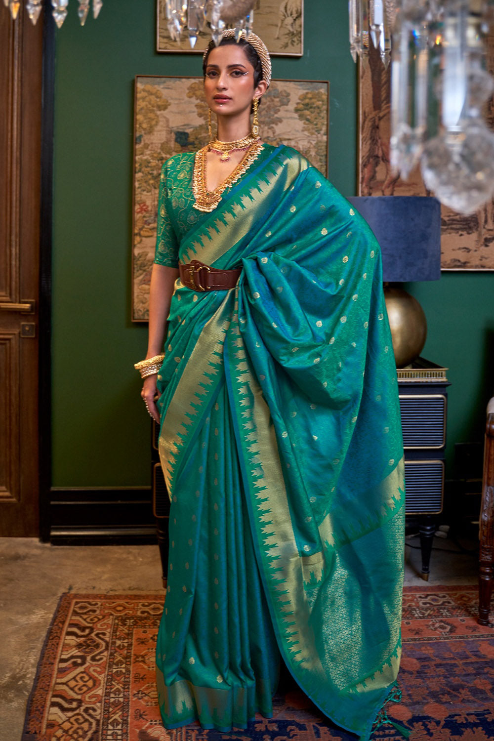 Rama Green Handloom Woven Silk Saree With Designer Blouse