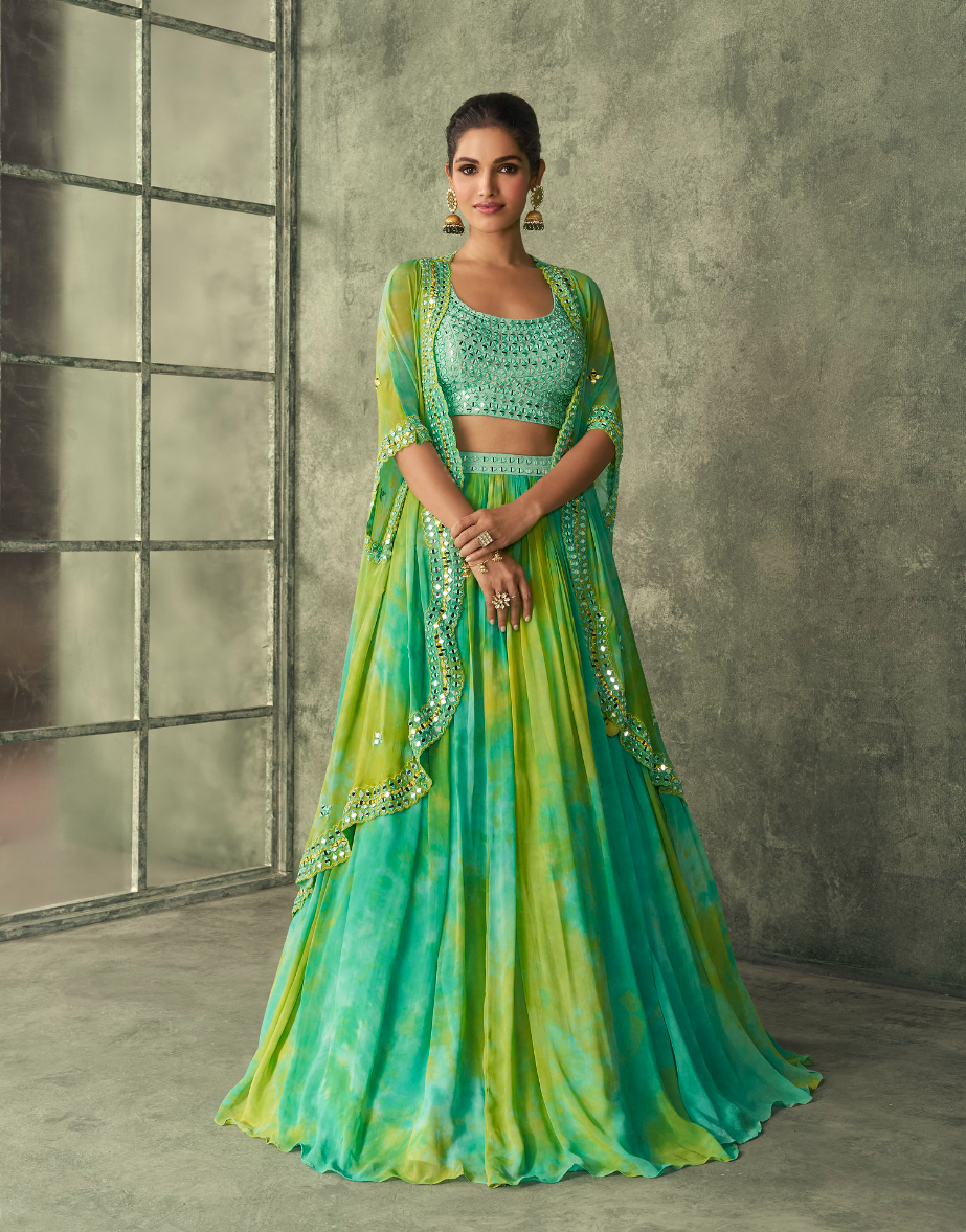 Wedding Special Parrot Green Designer Georgette Crop top – Rushini