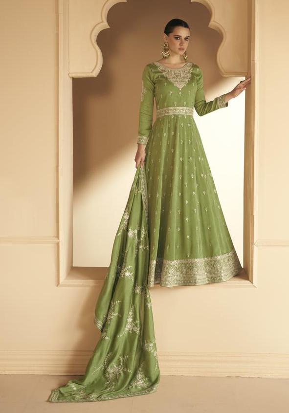 Stunning Green Designer Embroidery Silk Gown With Duppata