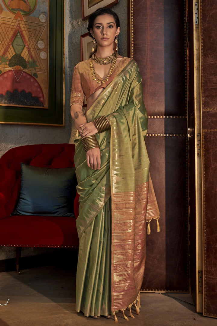 Light Green Woven Tussar Silk Saree with contrast blouse