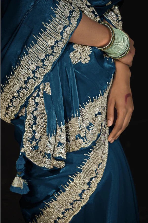 Teal Blue Tissue Embroidery Designer Saree