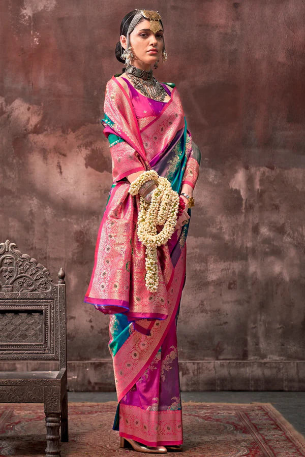 Easten Pink And Blue Handloom Weaving Silk Saree