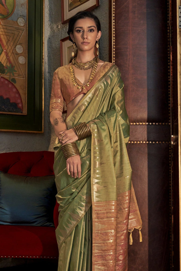 Light Green Woven Tussar Silk Saree with contrast blouse