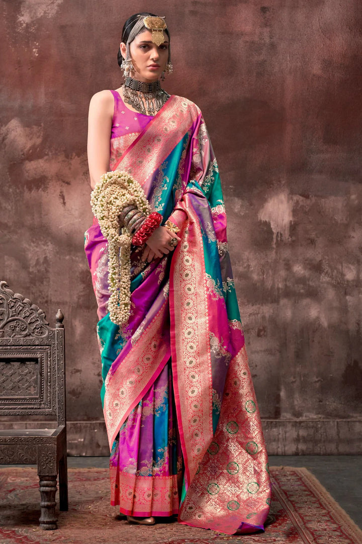 Easten Pink And Blue Handloom Weaving Silk Saree