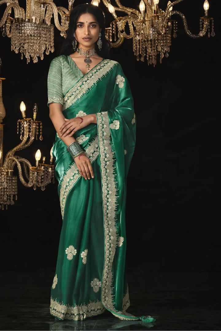 Jungle Green Tissue Embroidery Designer Saree