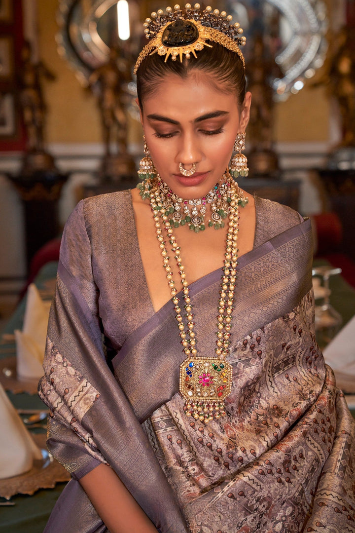 Blush Brown And Cream Digital Printed Silk Saree