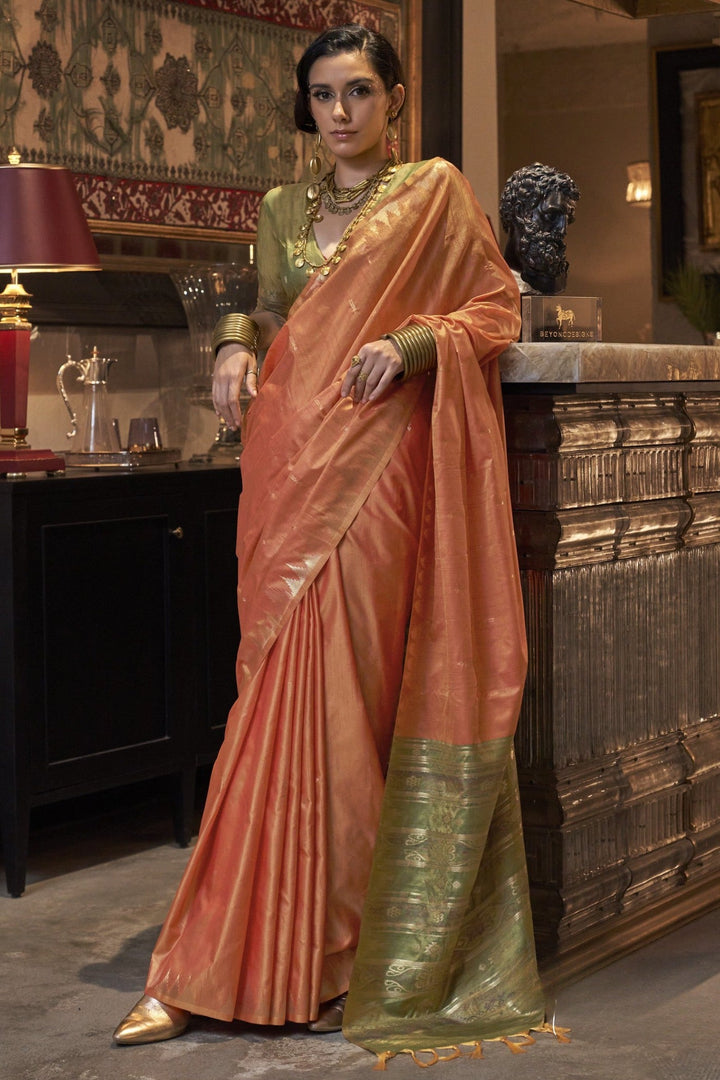 Pretty Orange Woven Tussar Silk Saree with contrast blouse