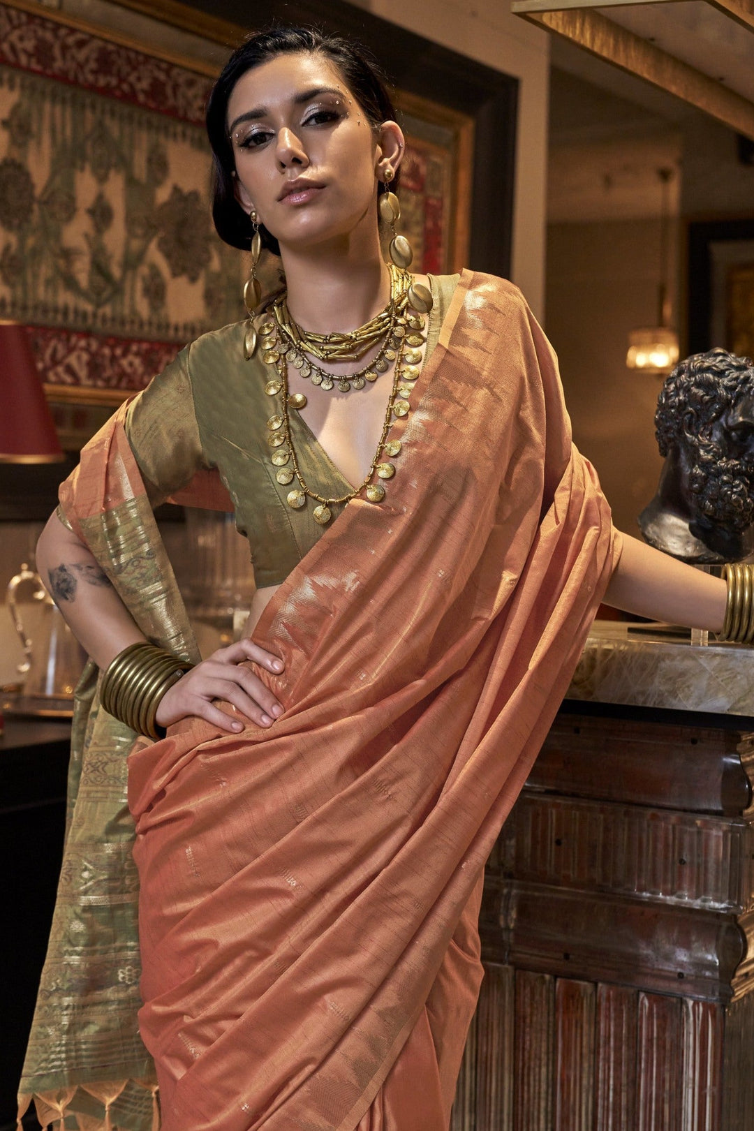 Pretty Orange Woven Tussar Silk Saree with contrast blouse