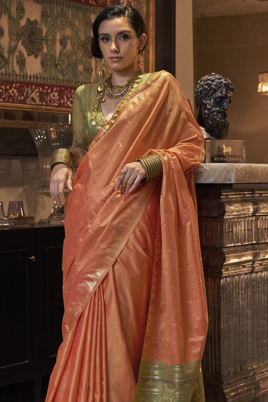 Pretty Orange Woven Tussar Silk Saree with contrast blouse