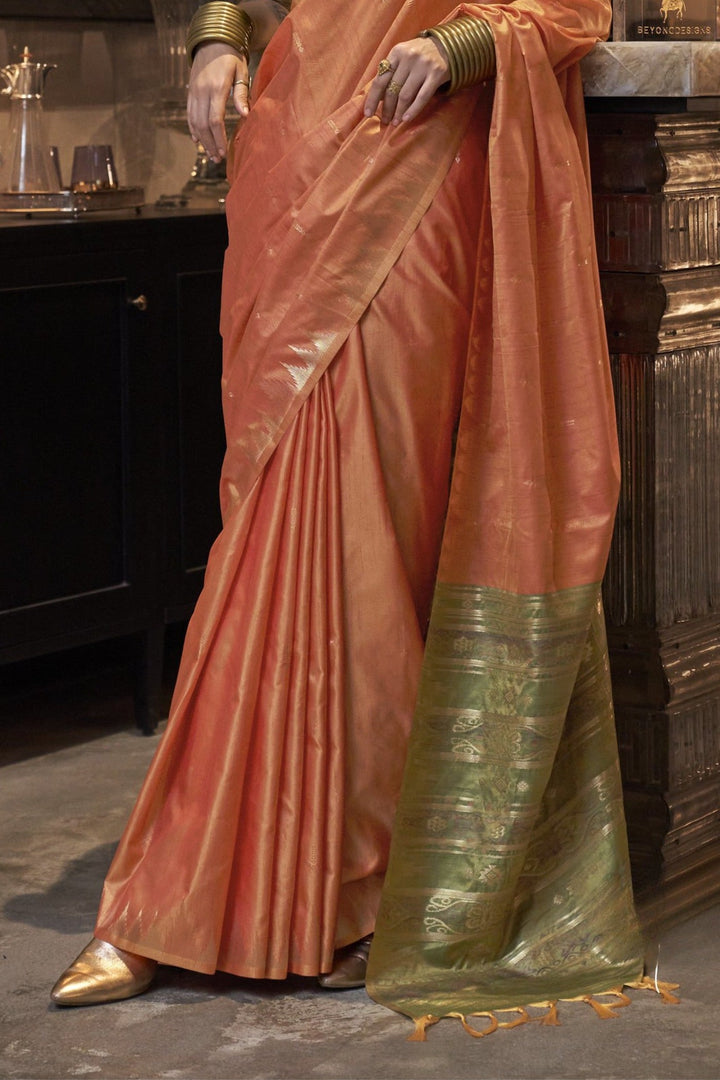 Pretty Orange Woven Tussar Silk Saree with contrast blouse