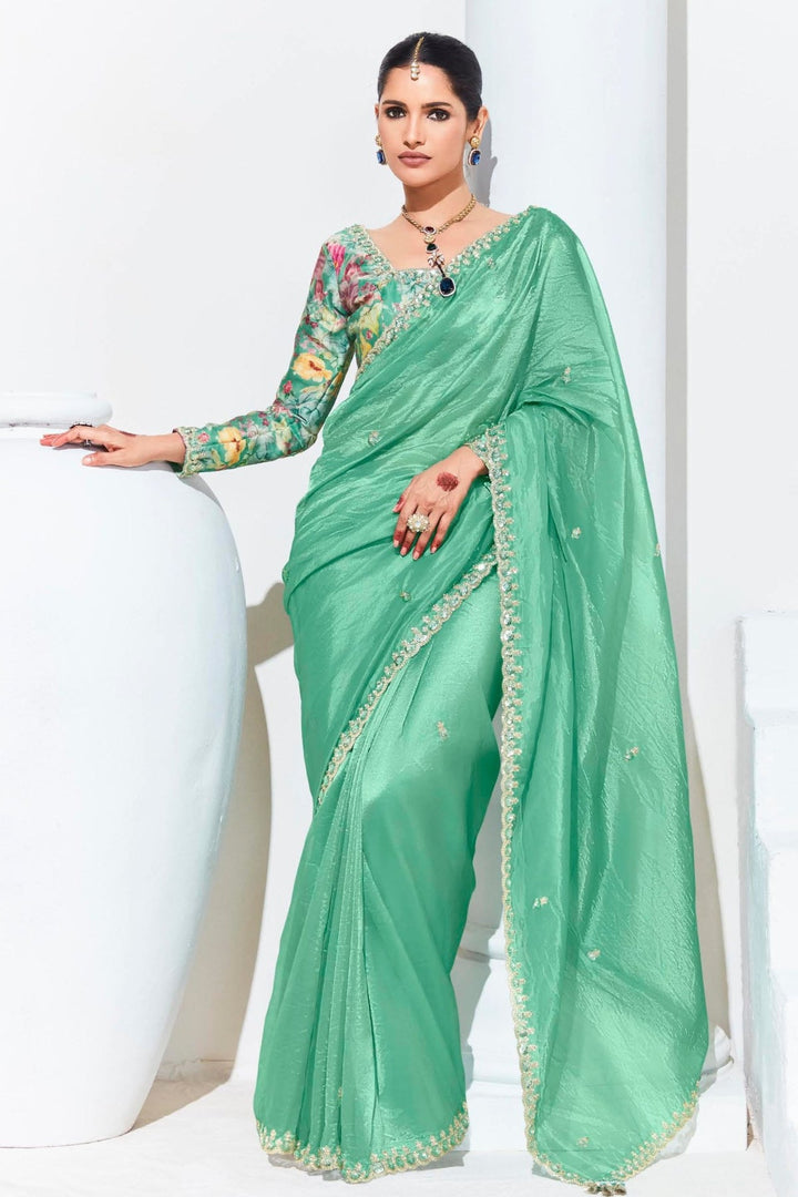 Pine Green Tissue Organza Silk Saree