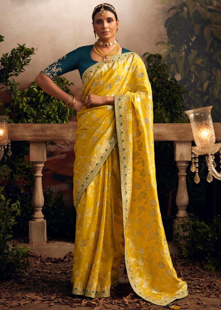 Blissful Yellow Zari Woven Dola Silk Wedding Wear Saree With Blouse