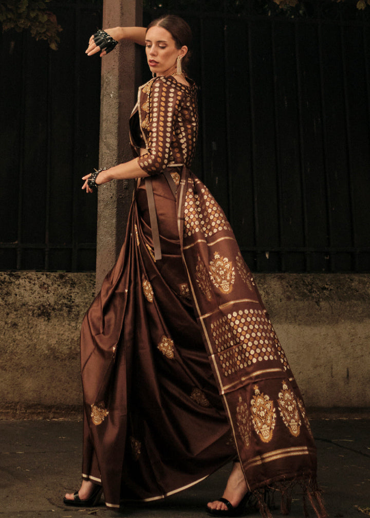 Choco Brown Satin Handloom Weaving Silk Saree