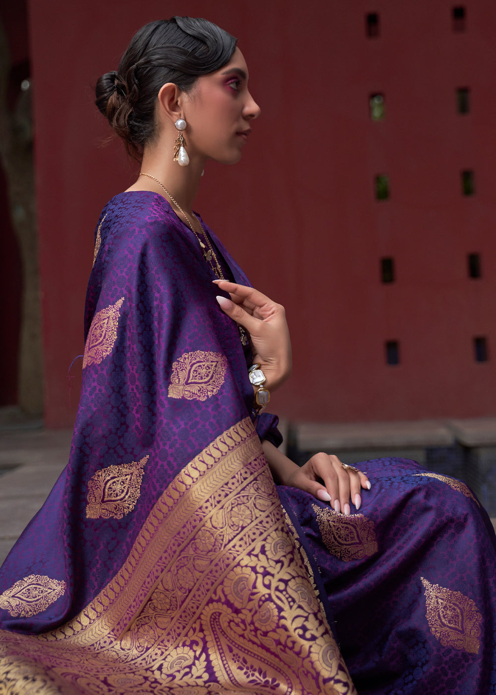 Dark Purple Woven Banarasi Satin Silk Saree