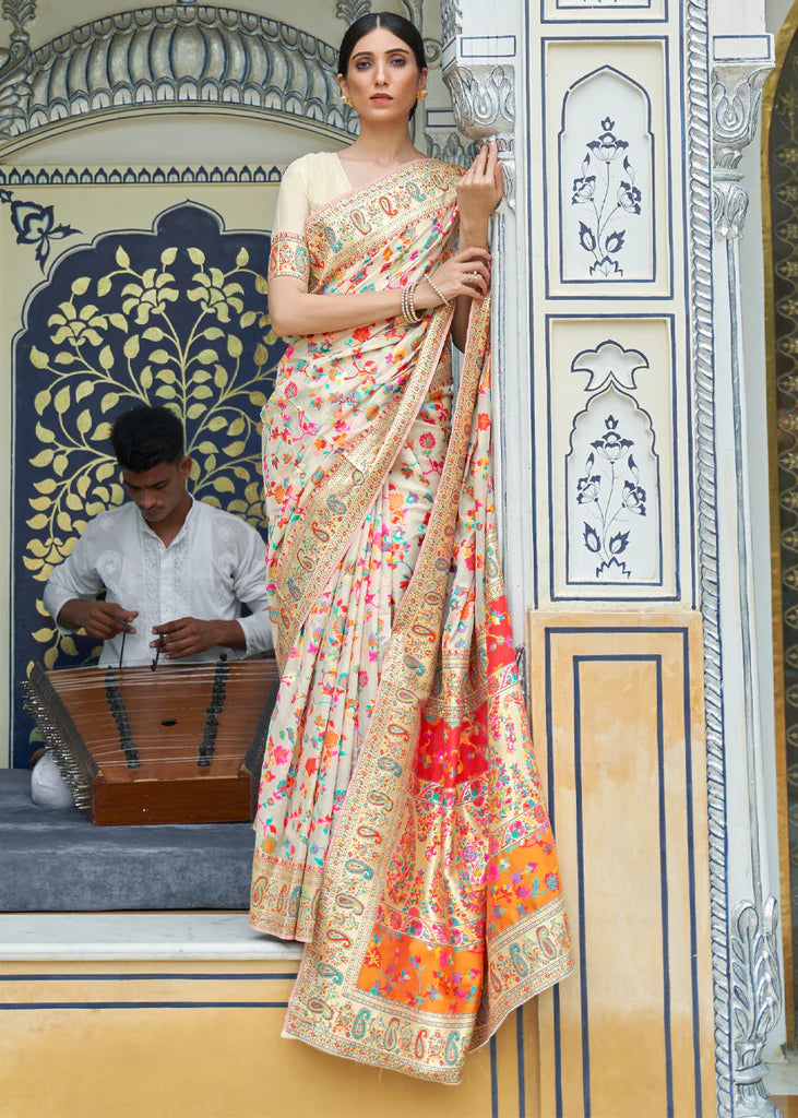 Beige White Kashmiri Cotton Woven Banarasi Saree