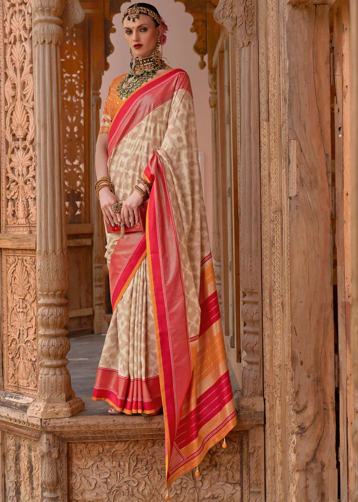 Royal Beige And Orange Designer Patola Saree