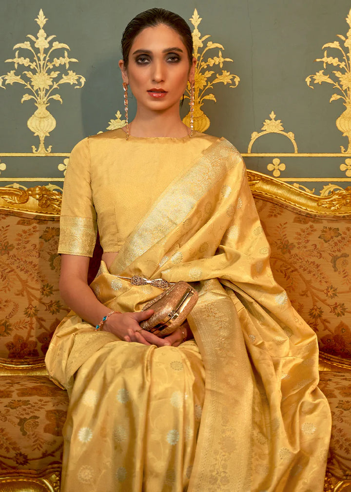 Lemon Yellow Woven Banarasi Silk Saree With Blouse