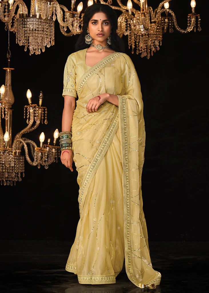 Delight Yellow Heavy Embroidery Designer Saree