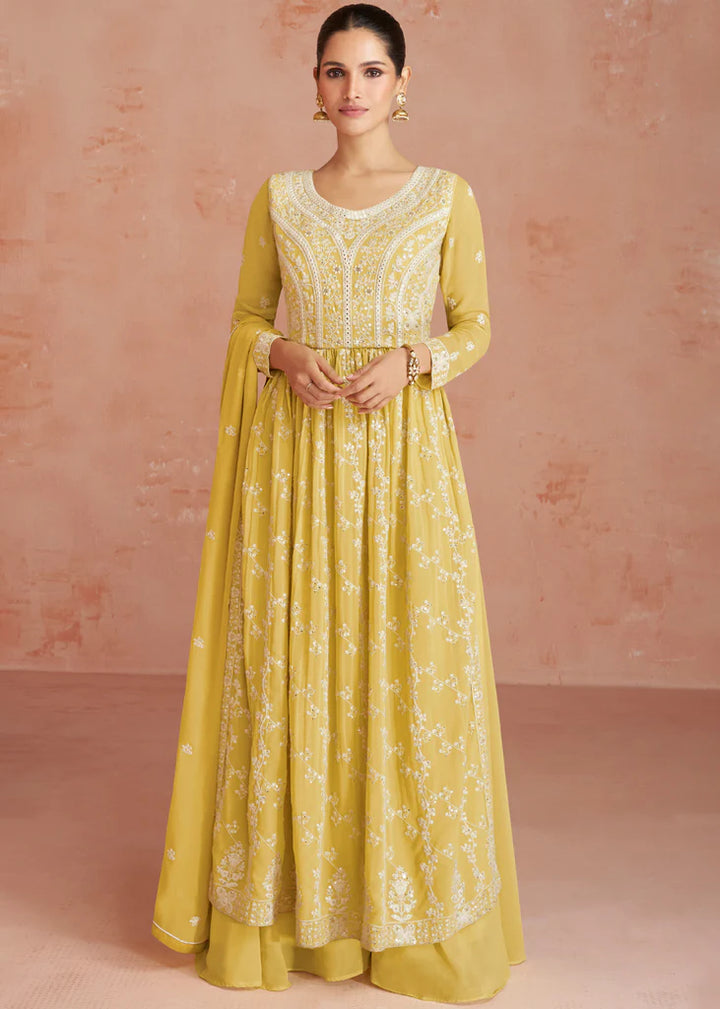 Lime Yellow  Designer Embroidery Georgette Dress