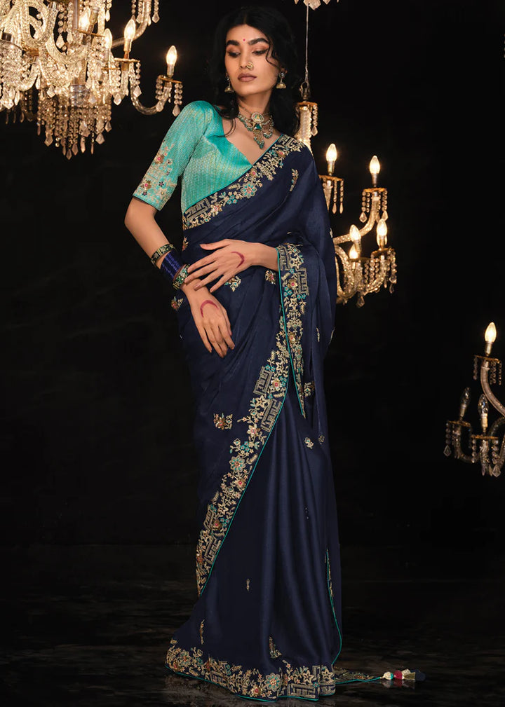 Traditional Blue Tissue Embroidery Designer Saree (Copy)