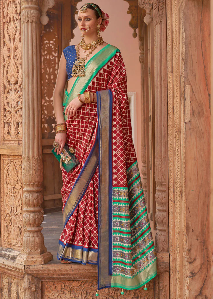 Tango Red And Blue Designer Patola Saree