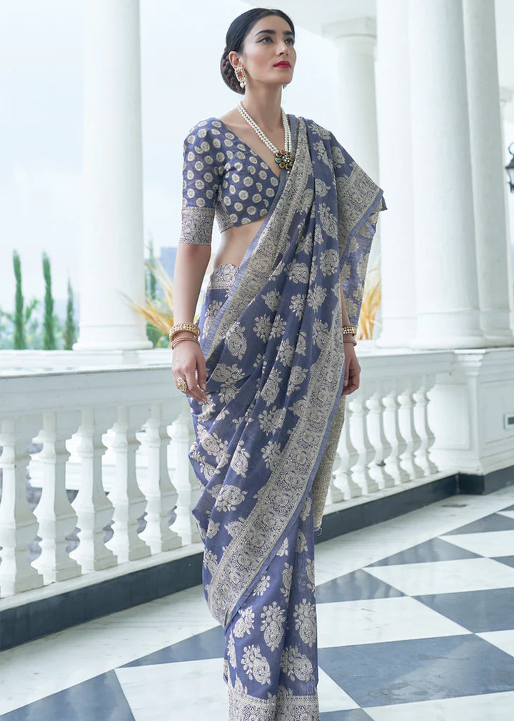 Greyish Blue Woven Lucknowi Chikankari Silk Saree