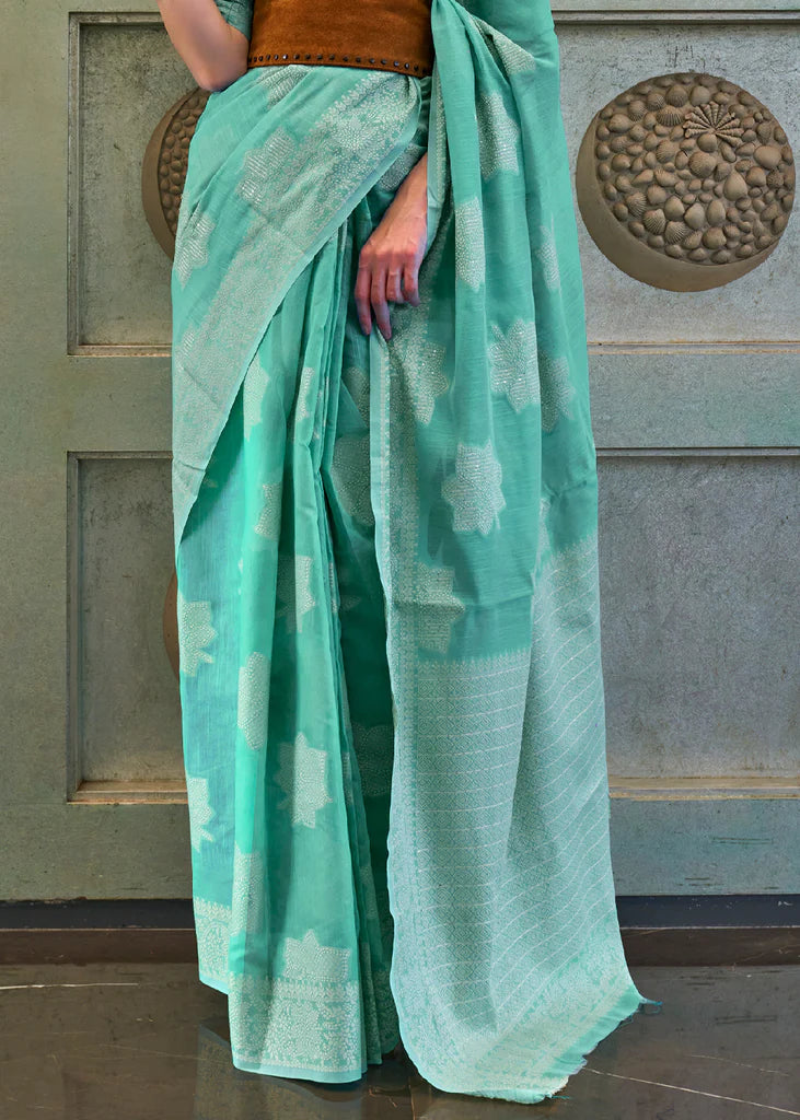 Aqua Blue Woven Lucknowi Chikankari Silk Saree