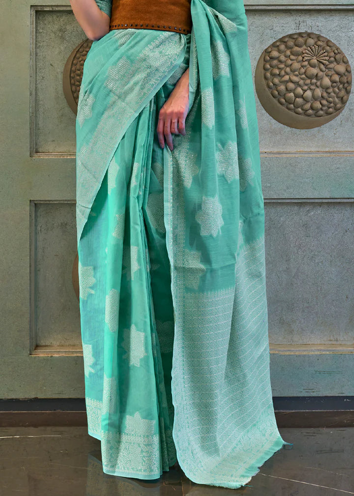 Aqua Blue Woven Lucknowi Chikankari Silk Saree