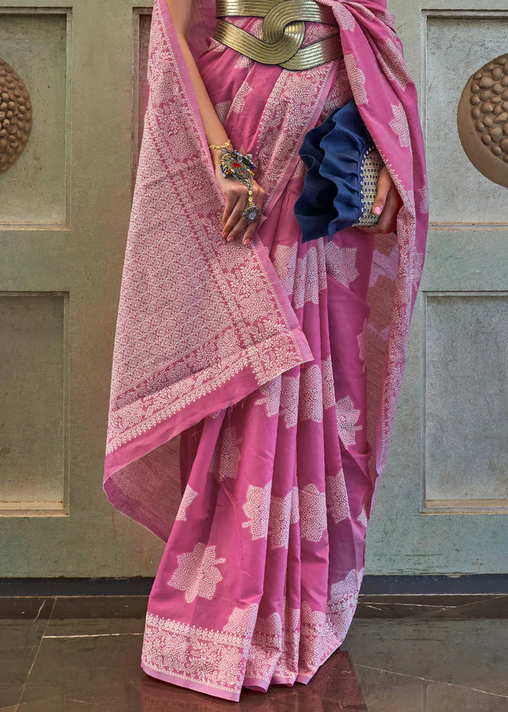 Orchid Purple Woven Lucknowi Chikankari Silk Saree