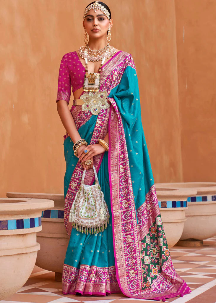 Sky Blue And Pink Designer Patola Saree