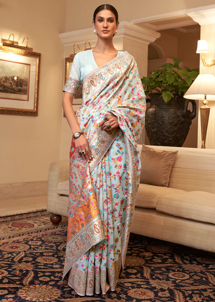 Multi Color Light Blue Woven Kashmiri Saree