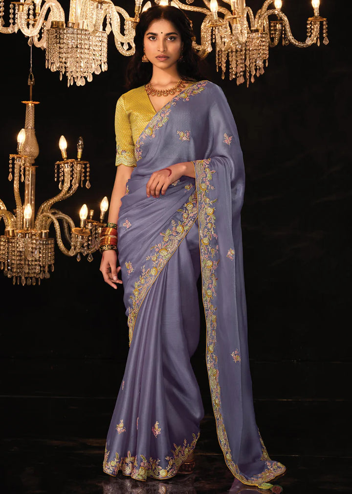 Parsian Blue And Yellow Heavy Embroidery Designer Saree