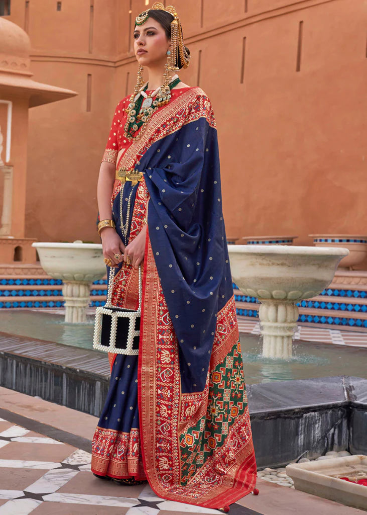 Navy Blue And Red Designer Patola Saree