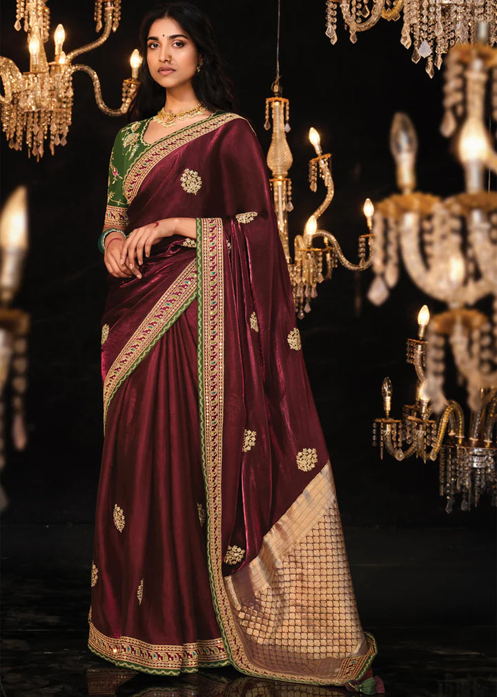 Festive Maroon Heavy Embroidery Designer Saree