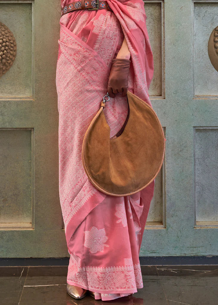 Rose Pink Woven Lucknowi Chikankari Silk Saree