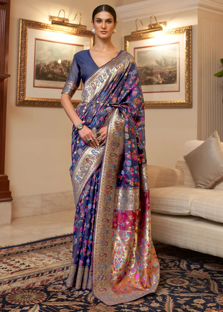 Multi Color Navy Blue Woven Kashmiri Saree