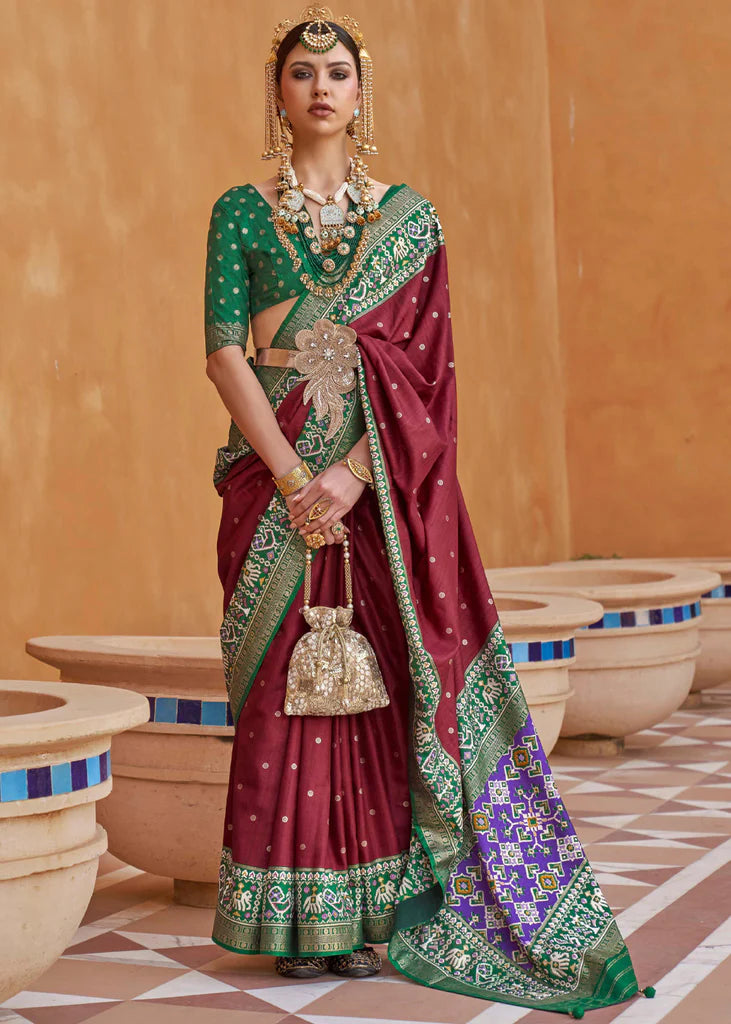 Dark Maroon And Green Designer Patola Saree