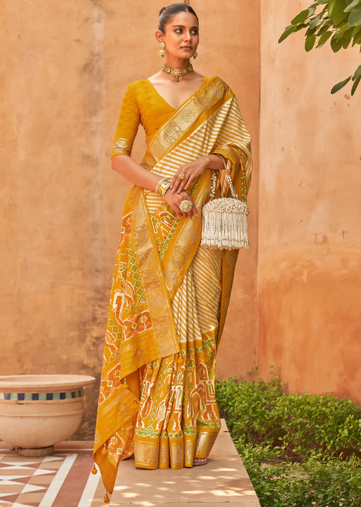 Mustard Yellow Designer Silk Patola Saree With Blouse