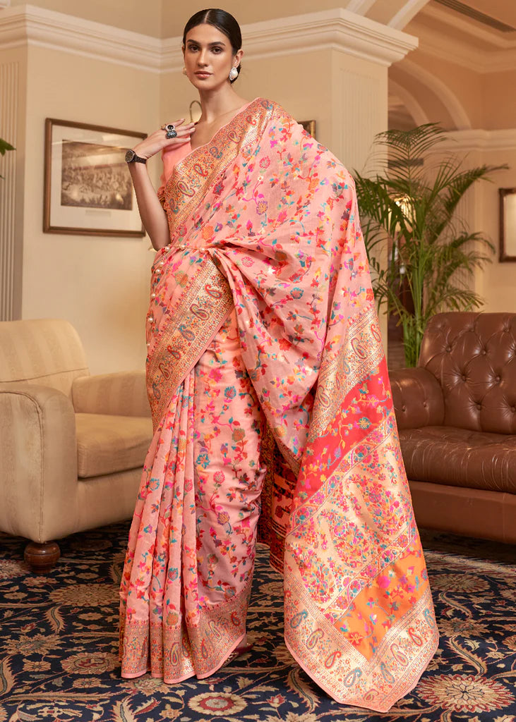 Multi Color Floral Peach Woven Kashmiri Saree