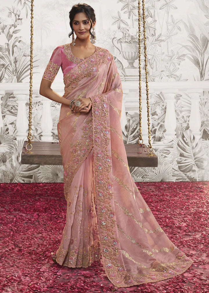 Light Pink Heavy Embroidery Designer Saree