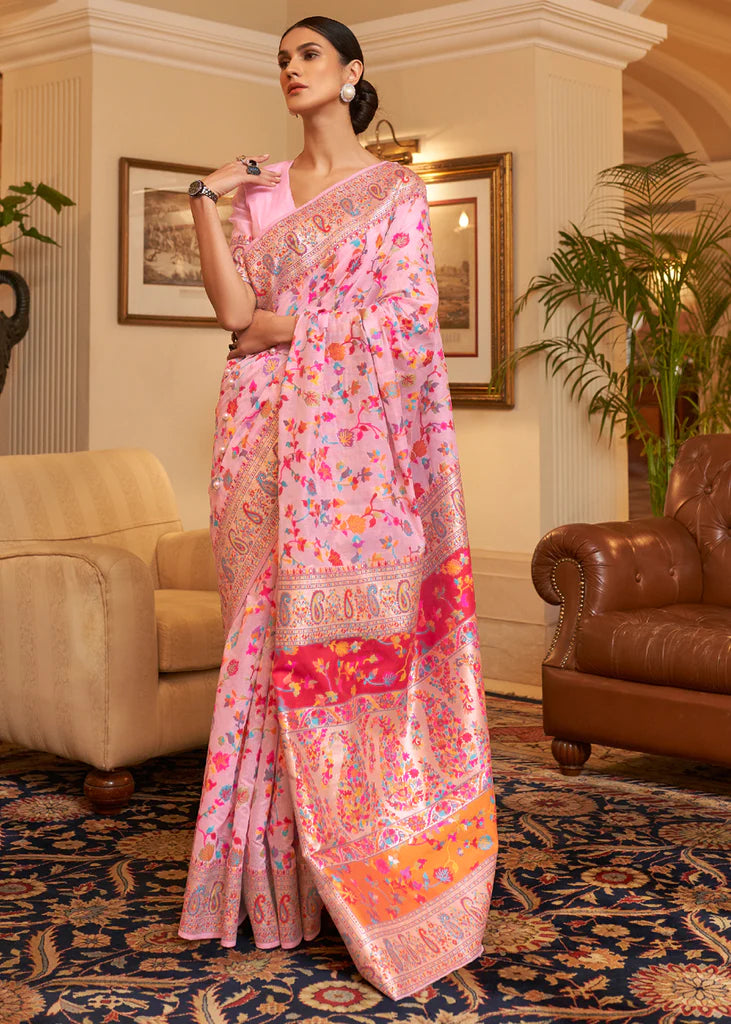 Multi Color Baby Pink Woven Kashmiri Saree