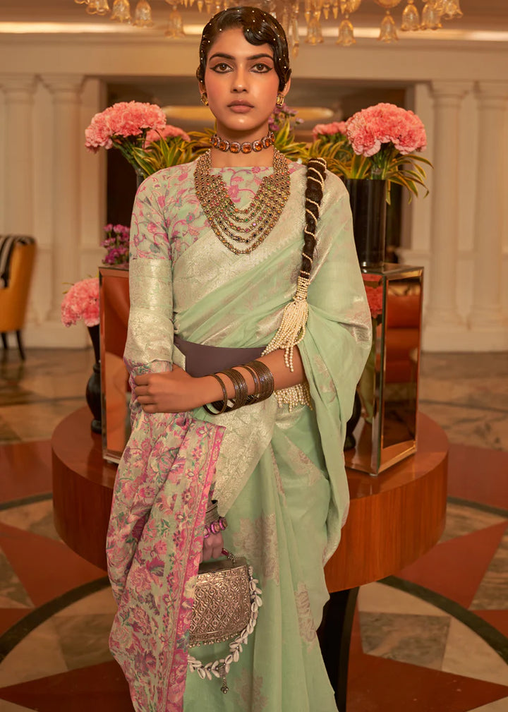 Light Green Woven Kashmiri Saree And Blouse