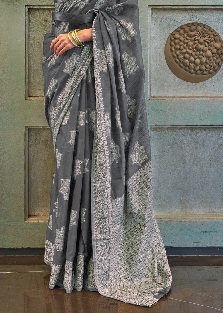 Charcoal Grey Woven Lucknowi Chikankari Silk Saree