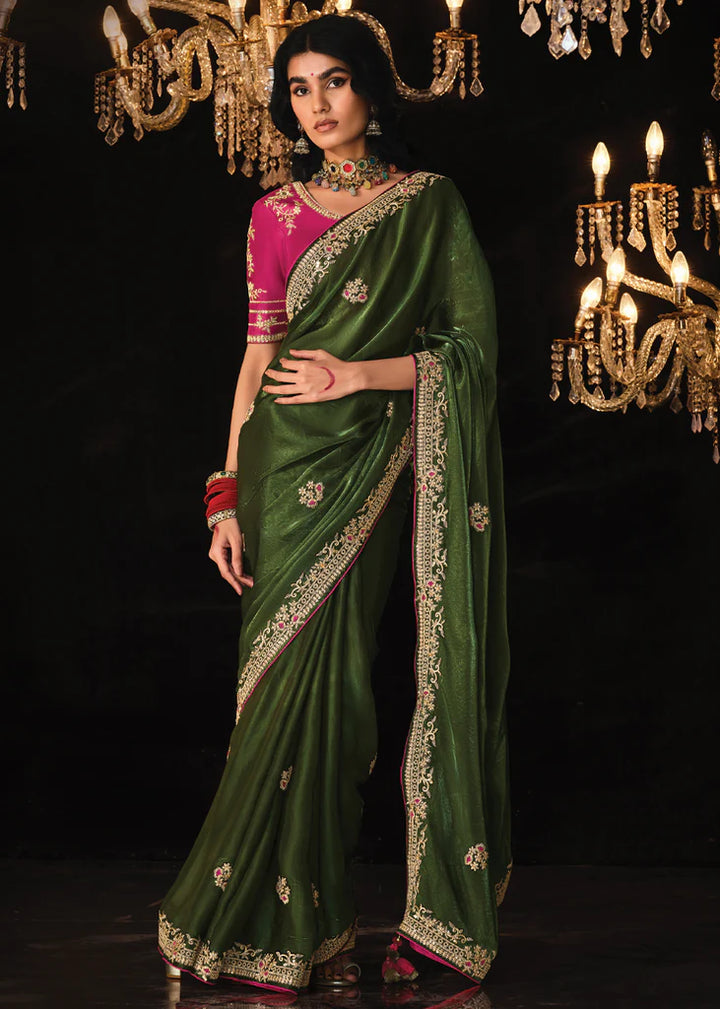 Classy Green Heavy Embroidery Designer Saree