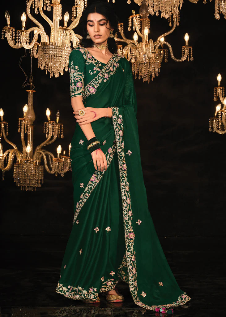 Forest Green Heavy Embroidery Designer Saree