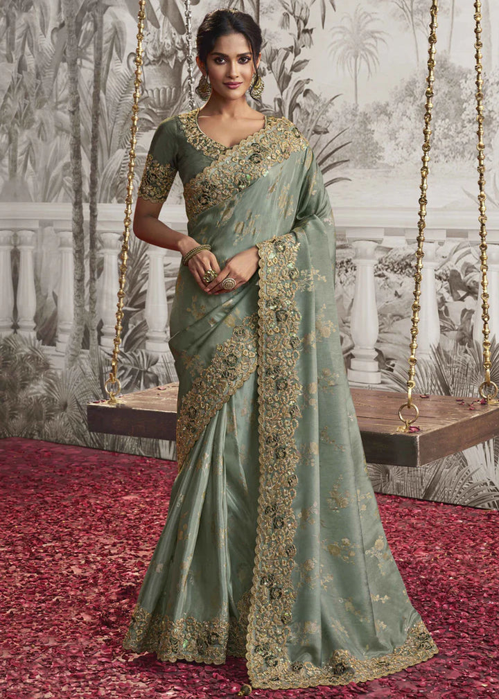 Meenakari Green Heavy Embroidery Designer Saree